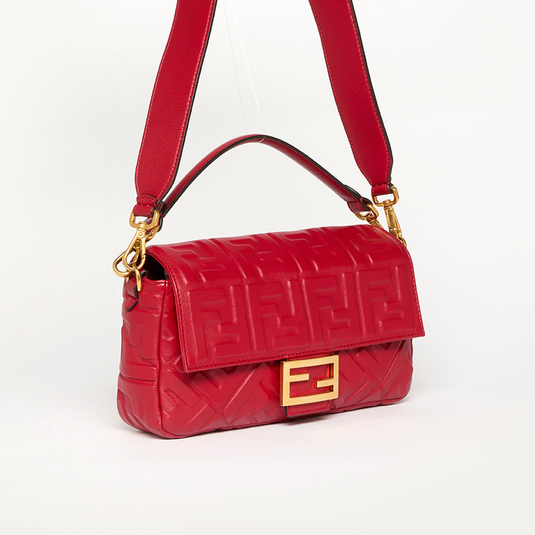 Small Zucca Baguette Bag in Red Embossed Leather