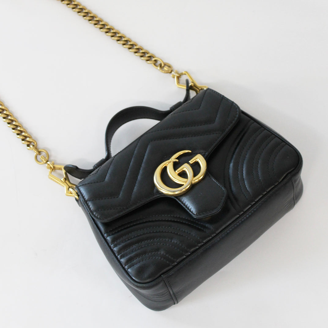 GUCCI GG Marmont Mini Top Handle Bag in Quilted Black Leather [ReSale]
