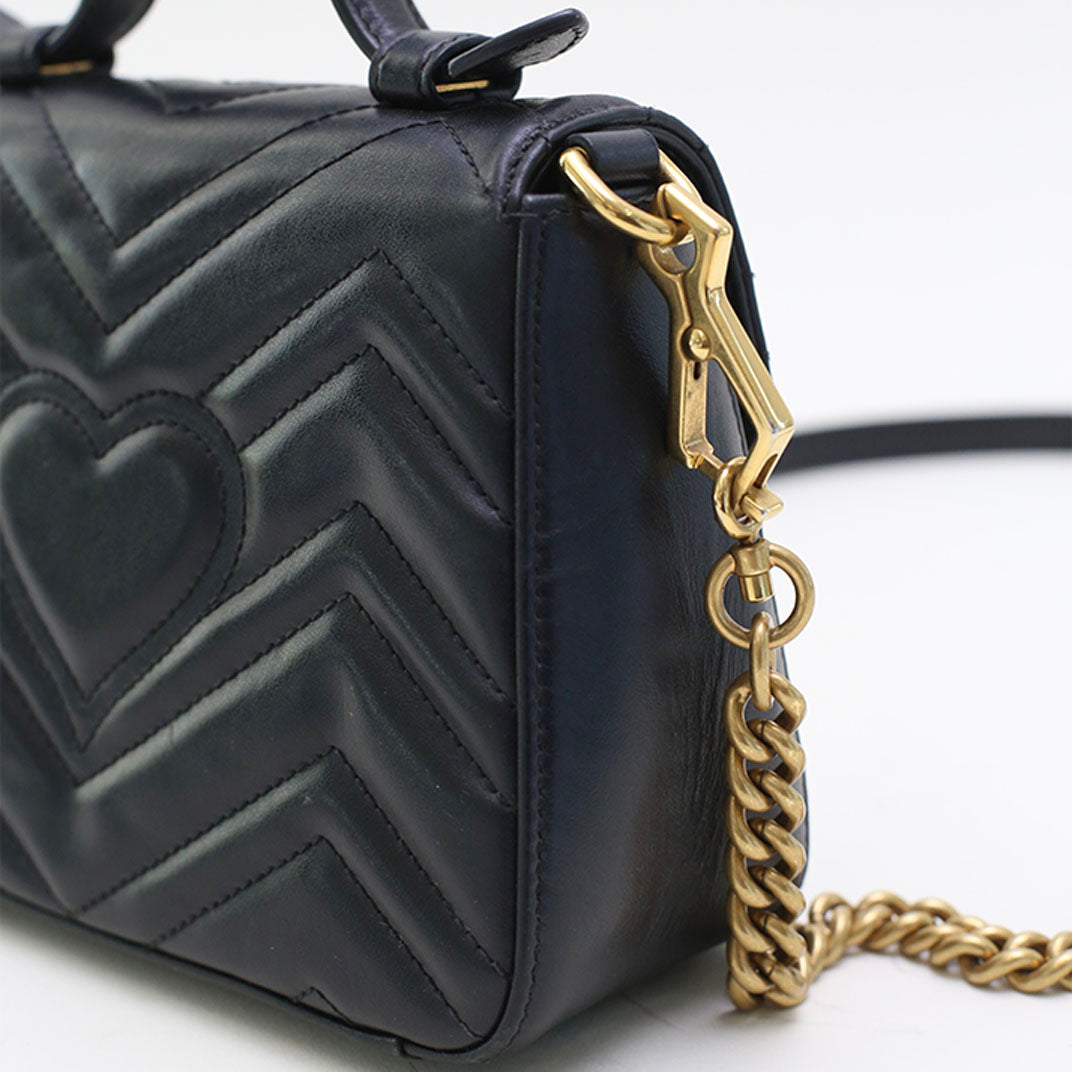 GUCCI GG Marmont Mini Top Handle Bag in Quilted Black Leather [ReSale]