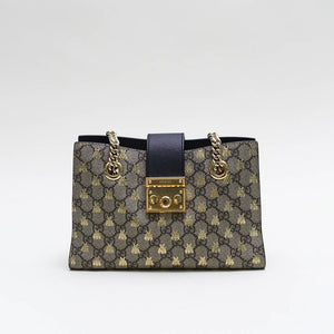 GUCCI Padlock Small GG Bees Shoulder Bag in GG Supreme with Black Leather [ReSale]