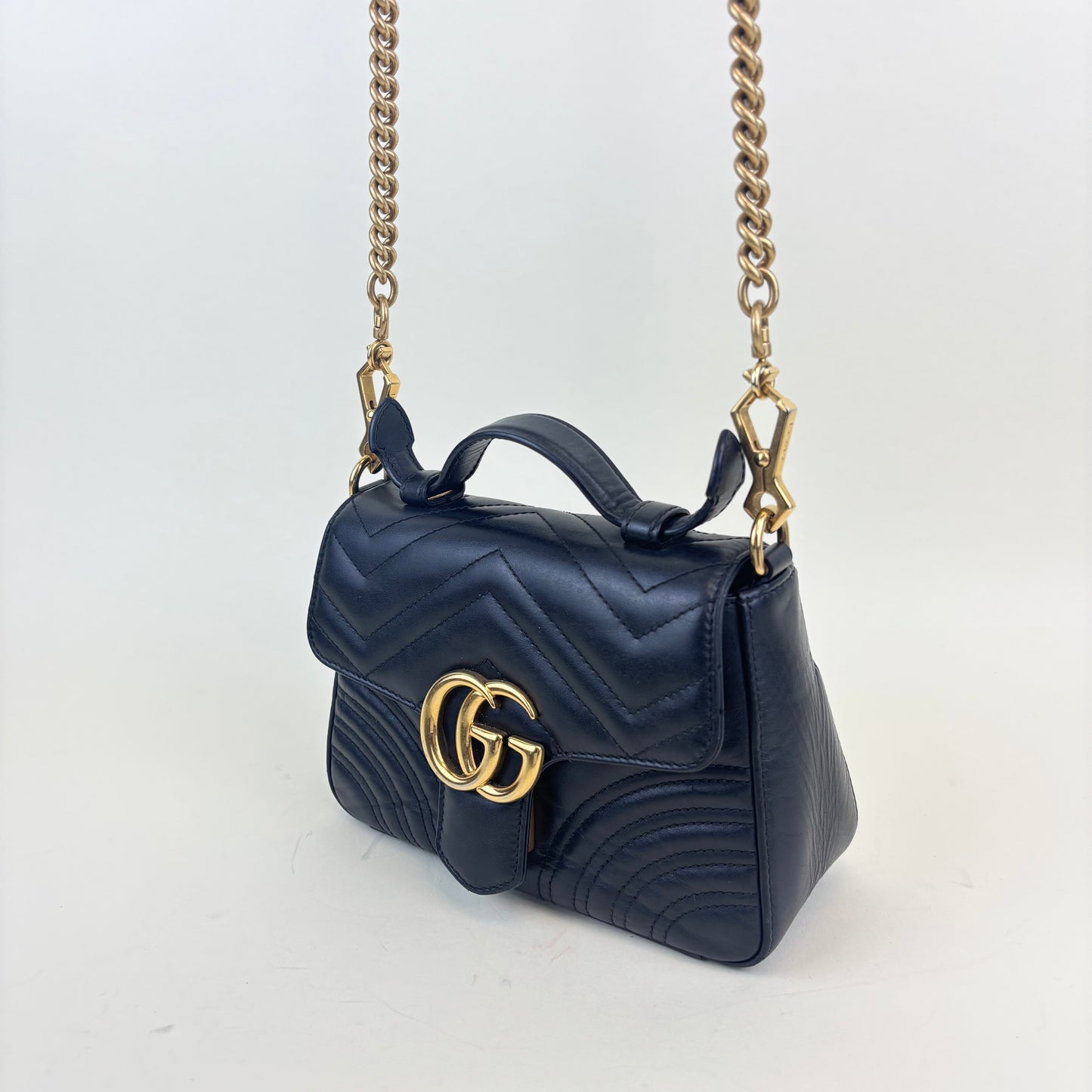 GG Marmont Mini Top Handle Bag in Quilted Black Leather [ReSale]