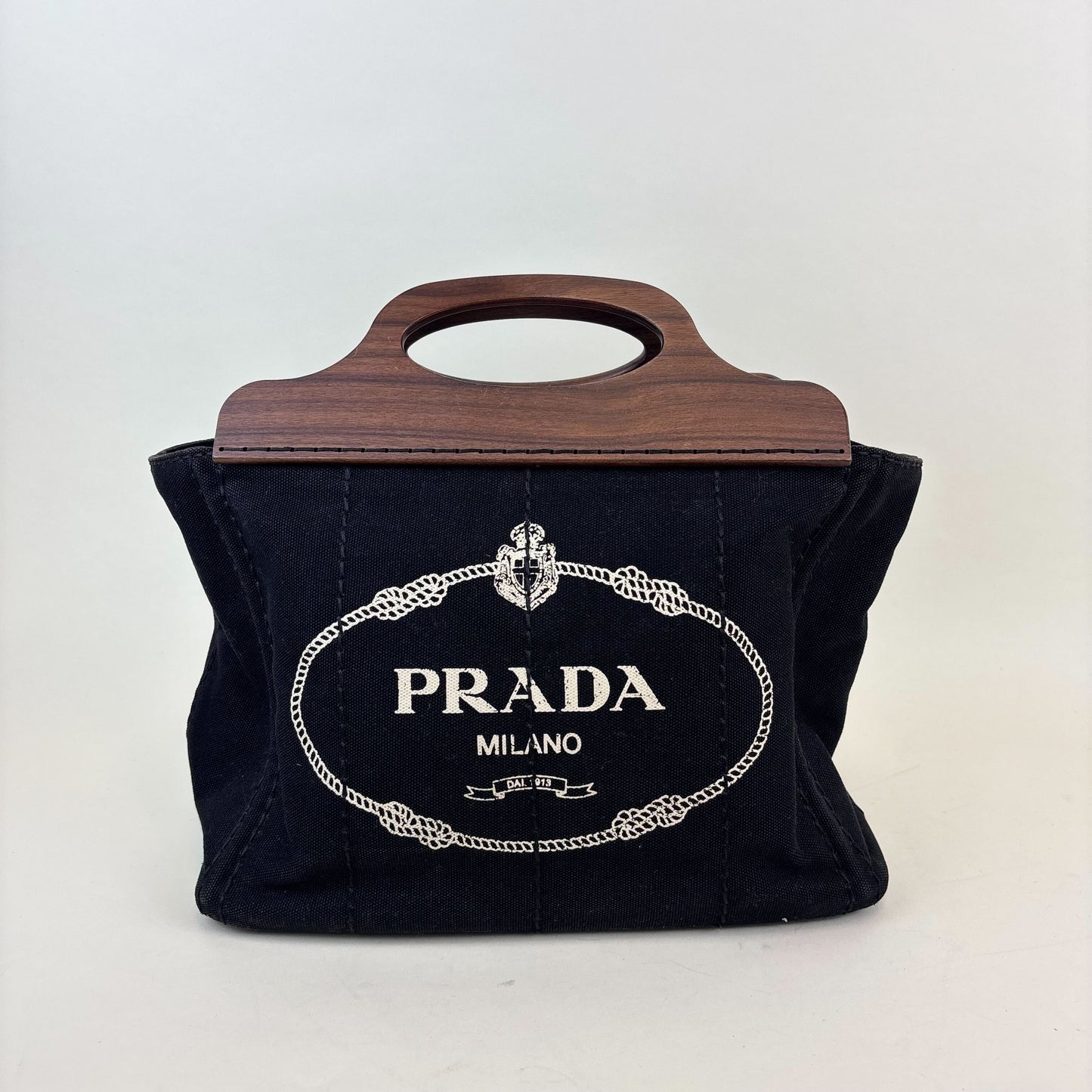 Logo Print Canvas Tote with Wooden Handle [ReSale]