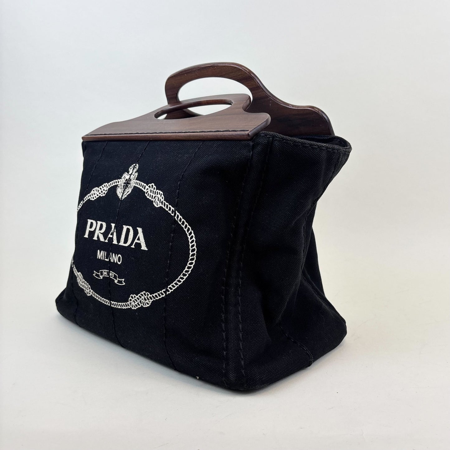 Logo Print Canvas Tote with Wooden Handle [ReSale]