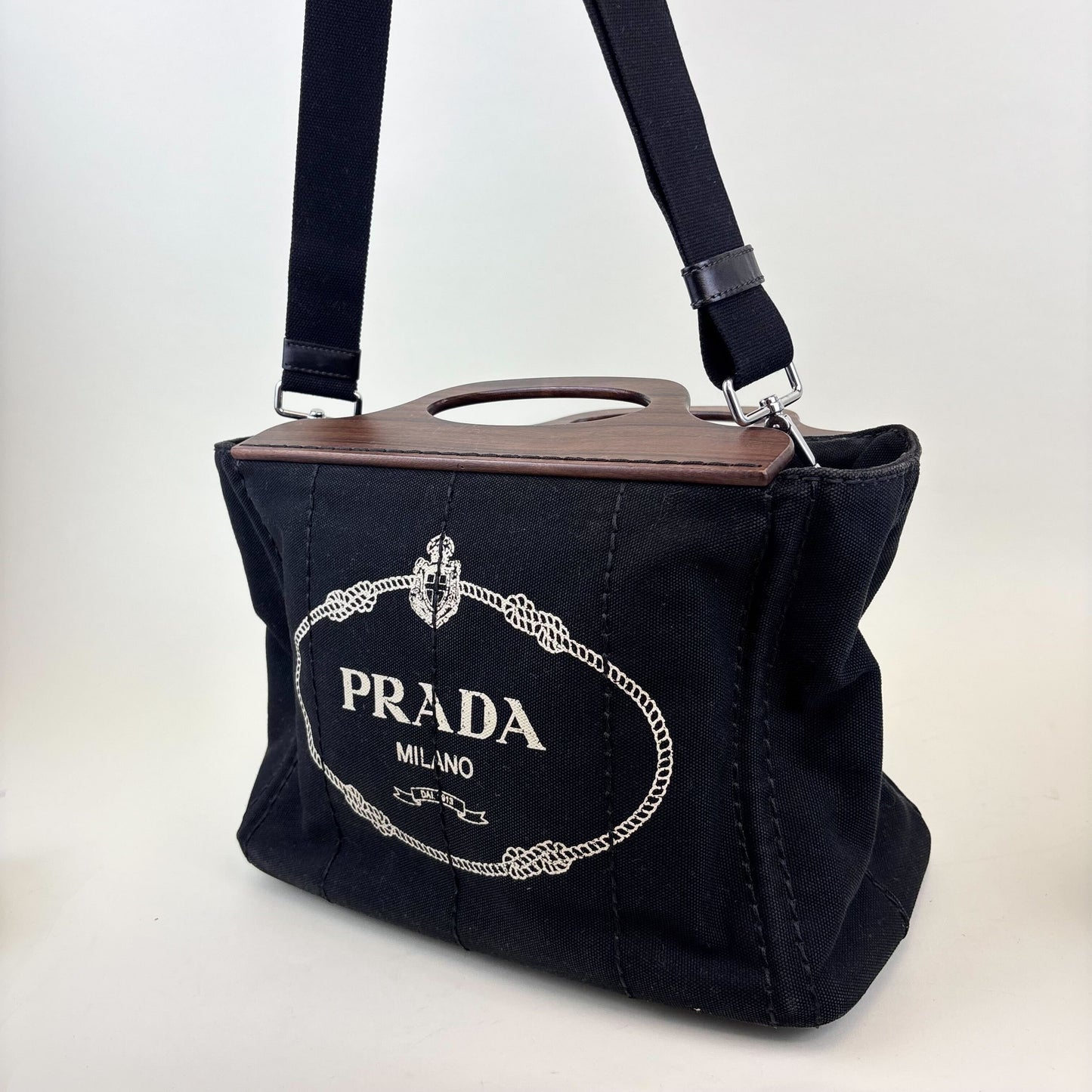 Logo Print Canvas Tote with Wooden Handle [ReSale]