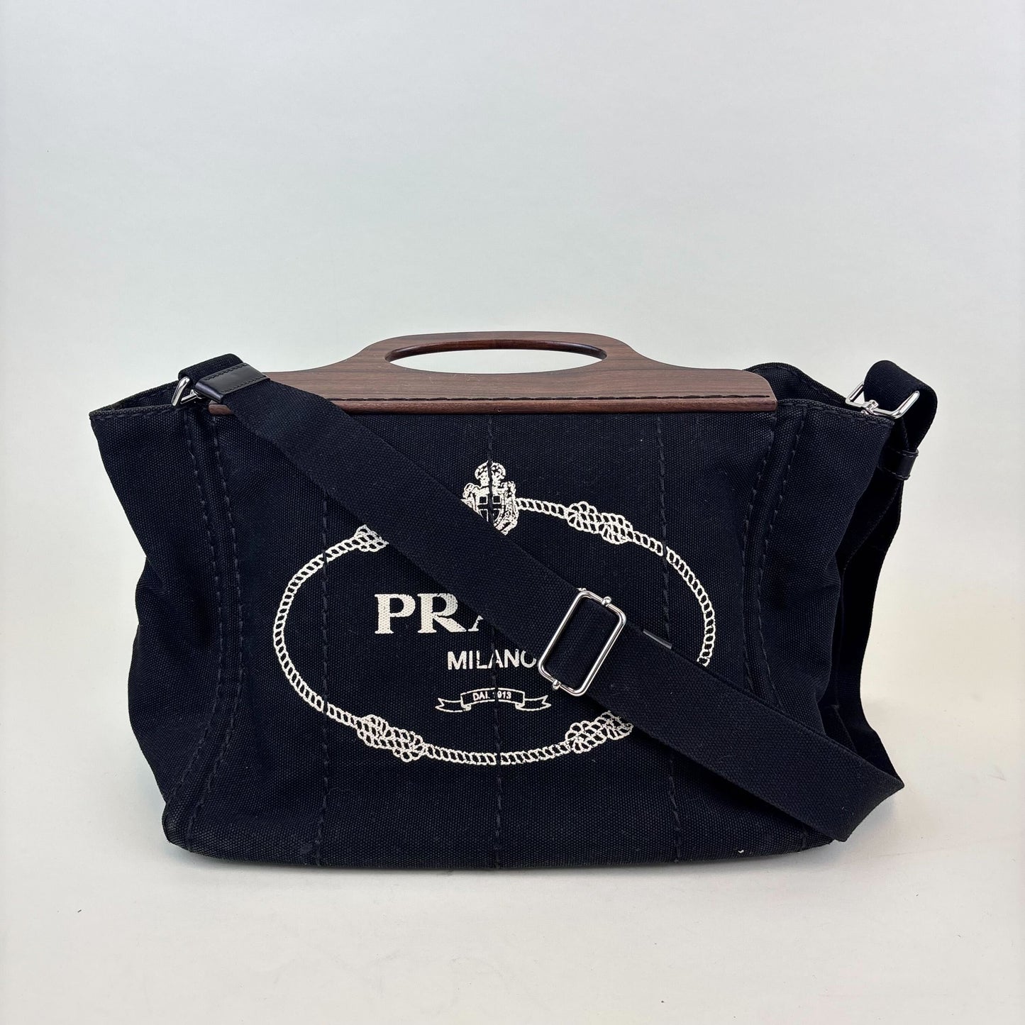 Logo Print Canvas Tote with Wooden Handle [ReSale]