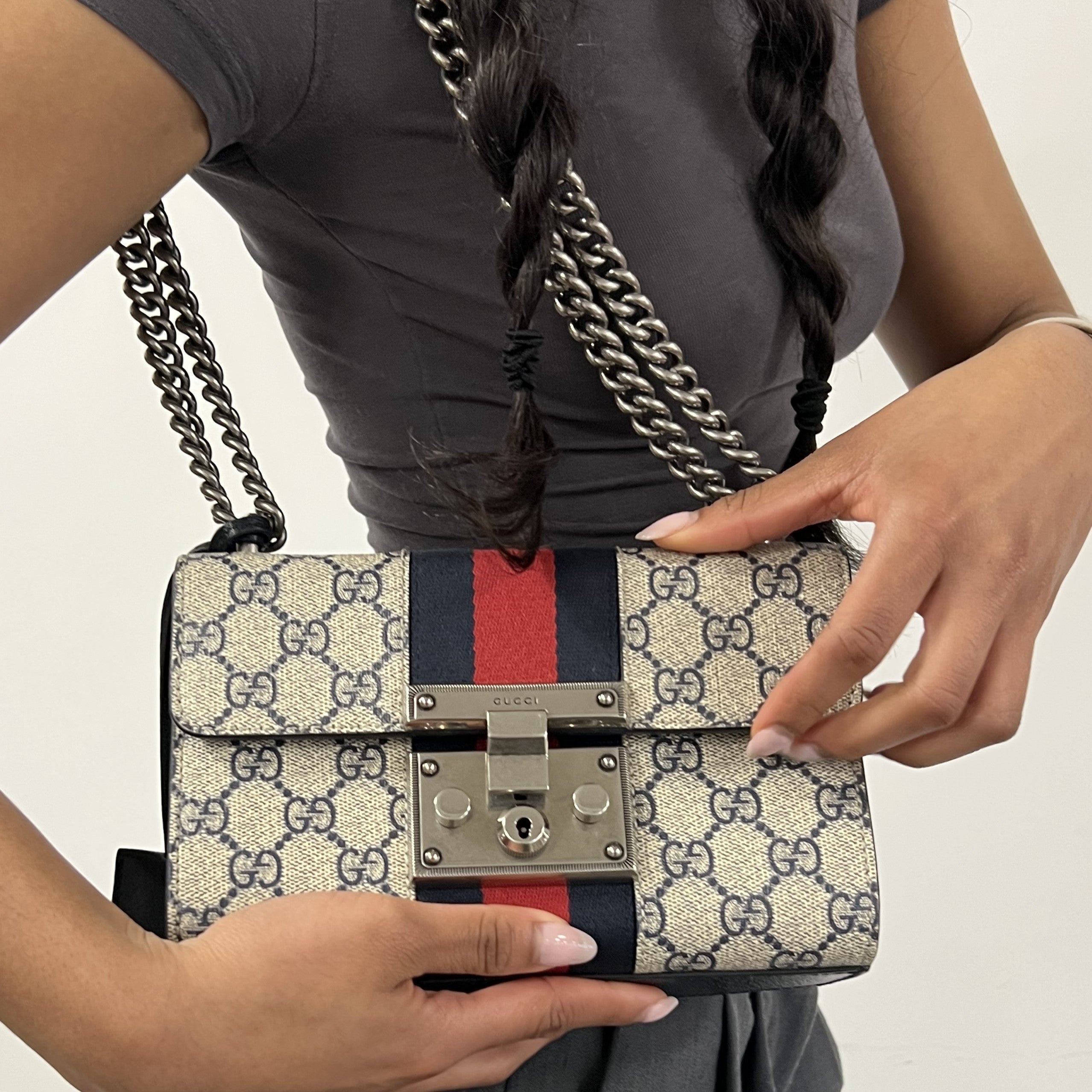 GG Padlock Small Shoulder Bag in Beige and Blue GG Supreme Canvas [ReSale]