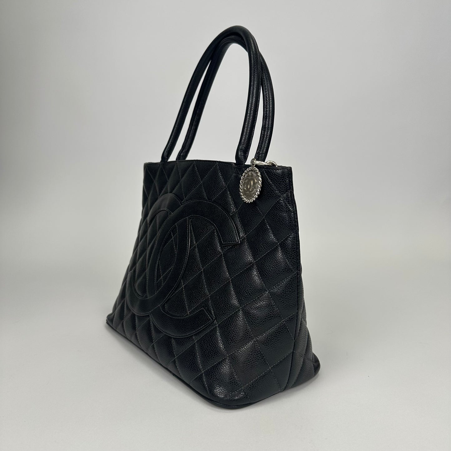 Medallion Tote Bag in Black Caviar with Silver Hardware 2000 - 2002 [ReSale]