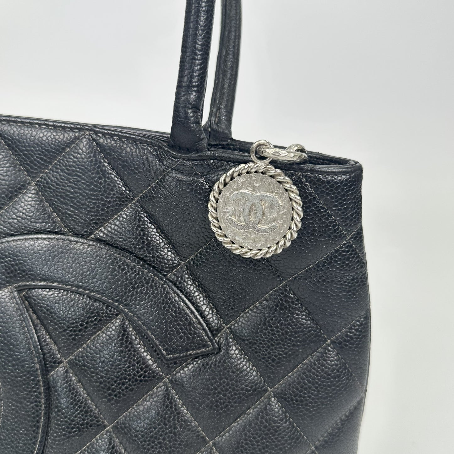 Medallion Tote Bag in Black Caviar with Silver Hardware 2000 - 2002 [ReSale]