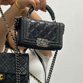 Small Top Handle Chain Around Boy Bag in Black Calfskin Leather