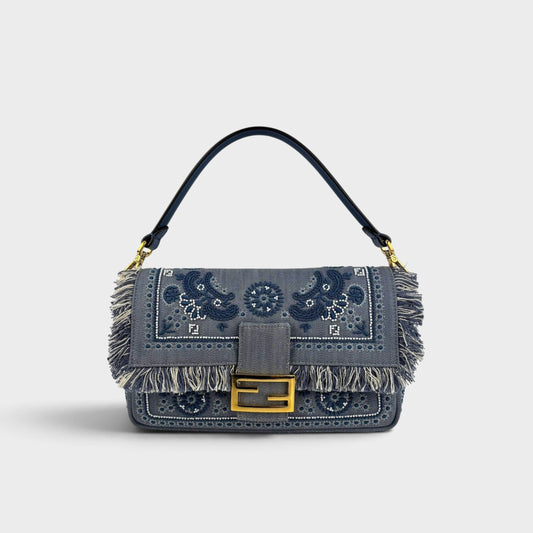Baguette in Fringed Denim with Embroidered Bandana