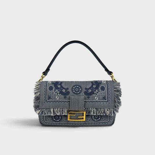 Baguette in Fringed Denim with Embroidered Bandana