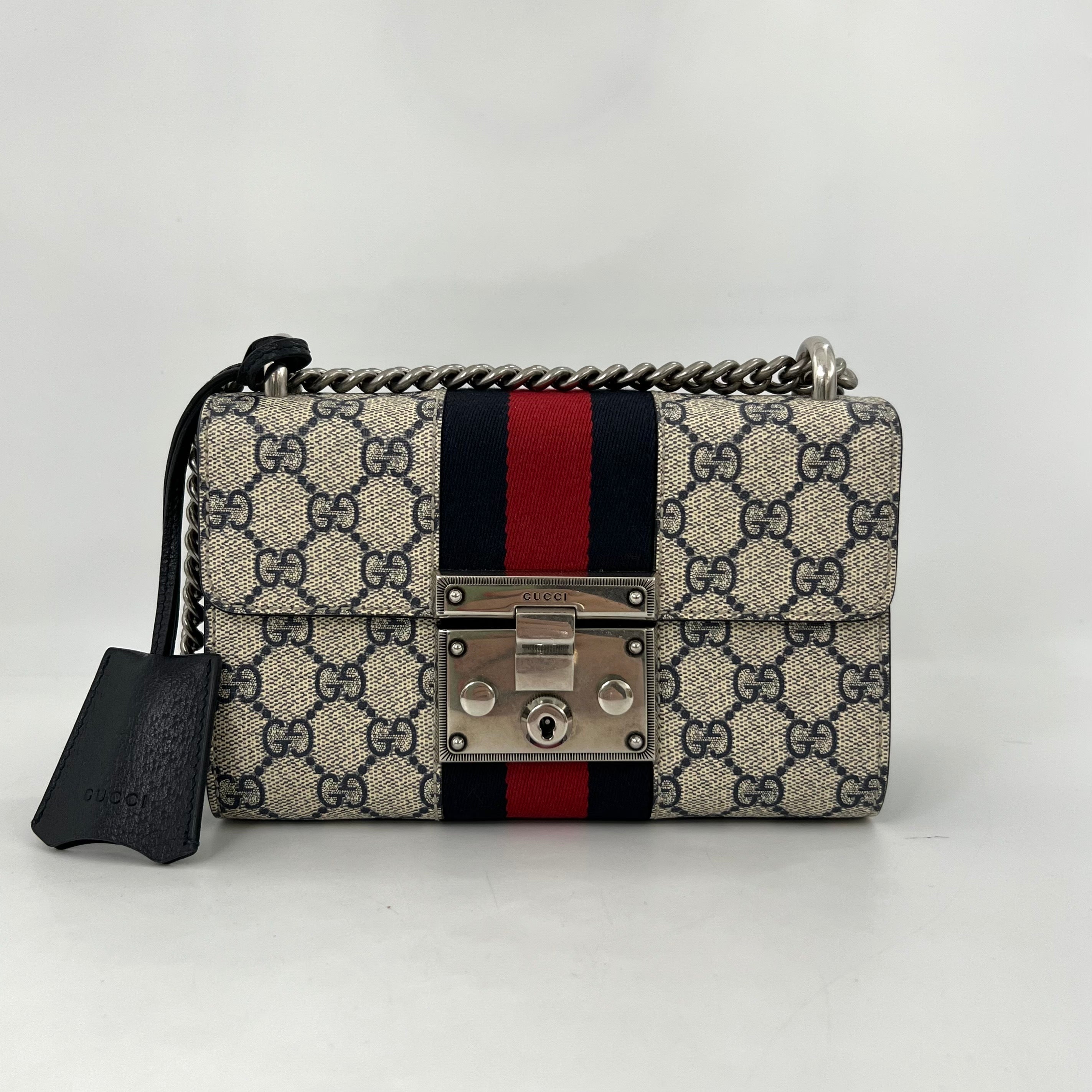 GG Padlock Small Shoulder Bag in Beige and Blue GG Supreme Canvas [ReSale]