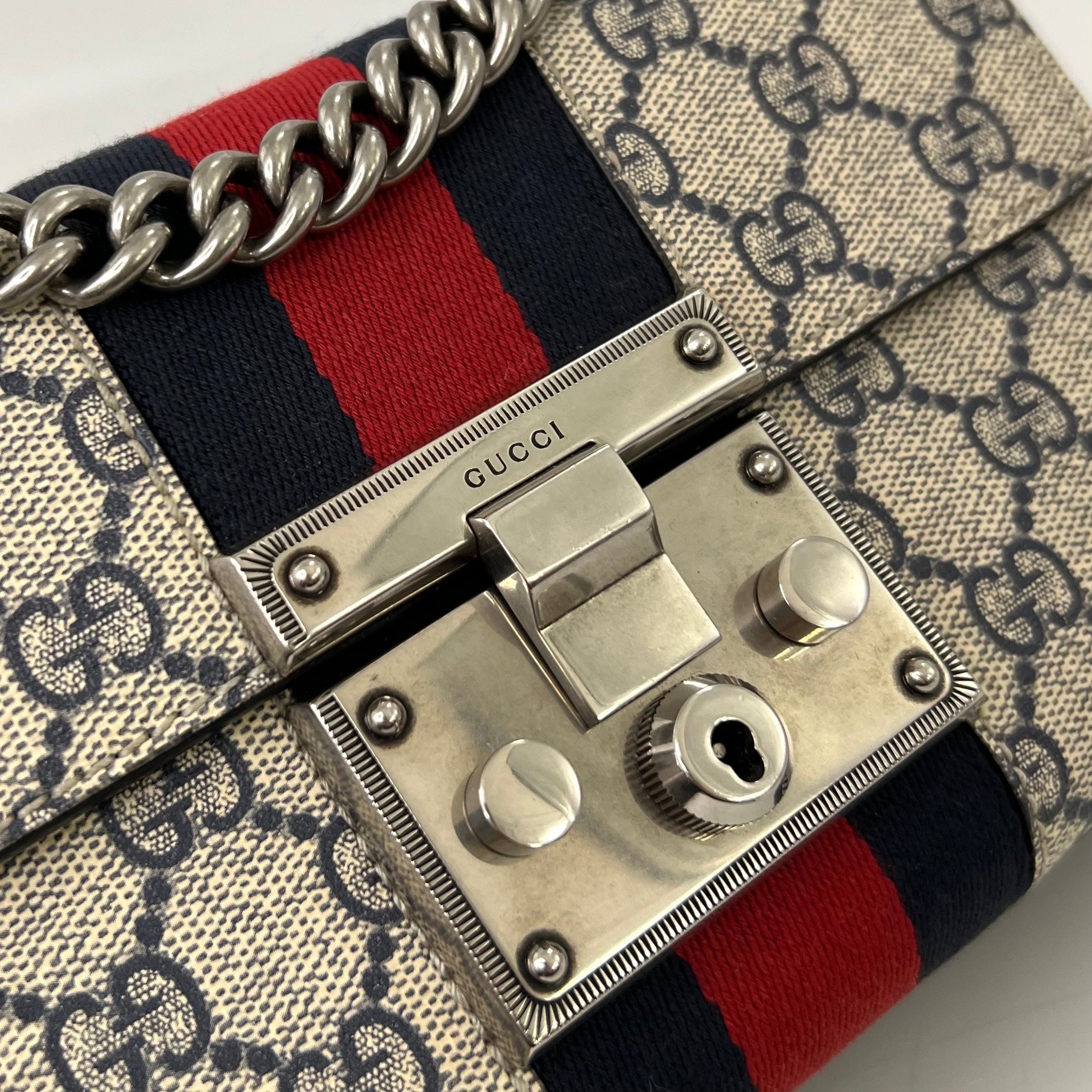 GG Padlock Small Shoulder Bag in Beige and Blue GG Supreme Canvas [ReSale]