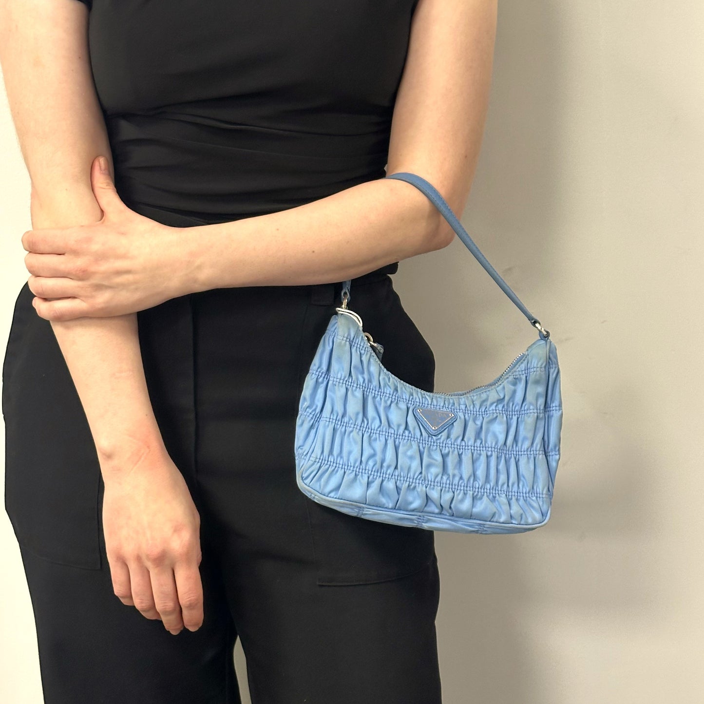 Ruched Hobo Bag in Blue Nylon