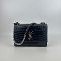 Sunset Medium Leather Bag in Black 'Croc' [ReSale]