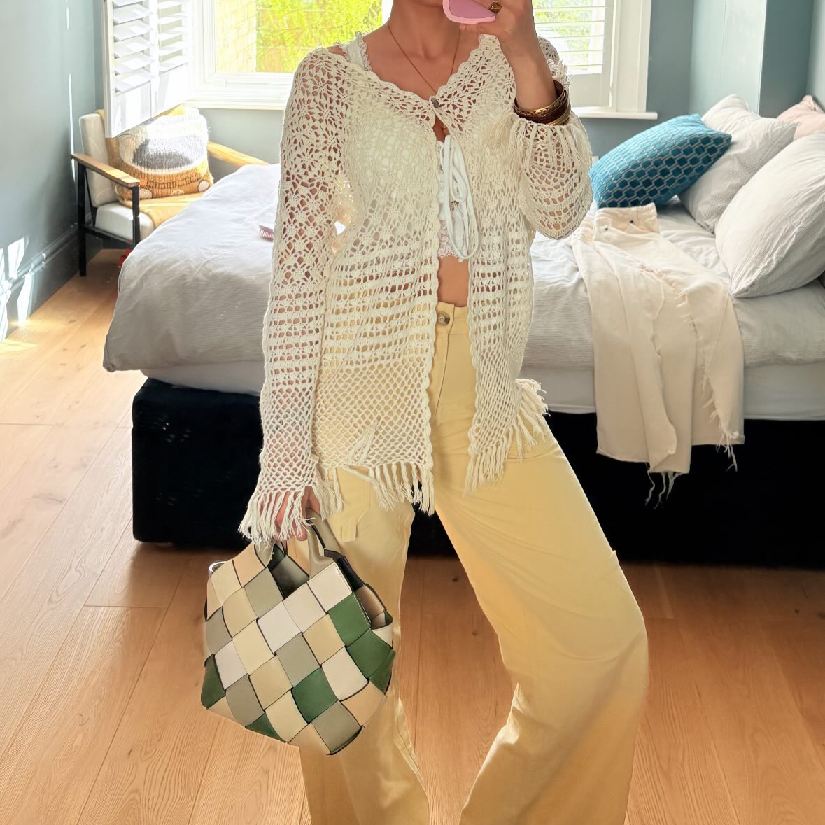 Woven Upcycled-Leather Basket Bag in Beige & Green