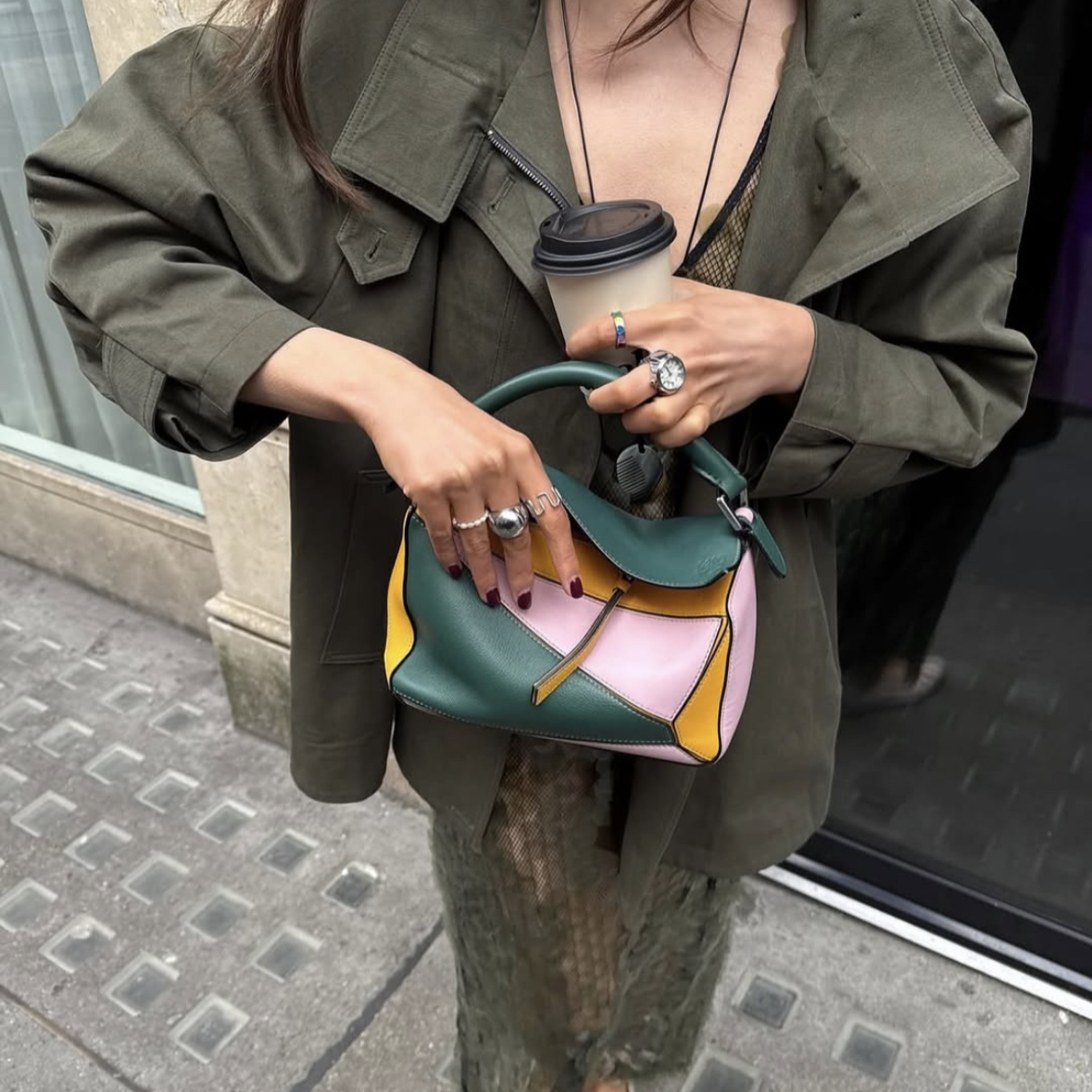 Small Puzzle Tricolor Bag in Pink and Green Leather [ReSale]