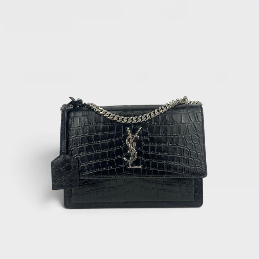 Sunset Medium Leather Bag in Black 'Croc' [ReSale]