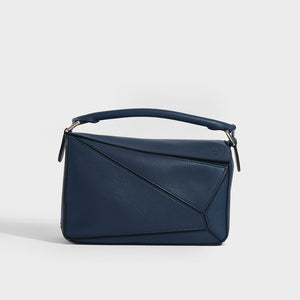 Front view of the LOEWE Puzzle Small Smooth Leather Bag in Ocean (Navy) 