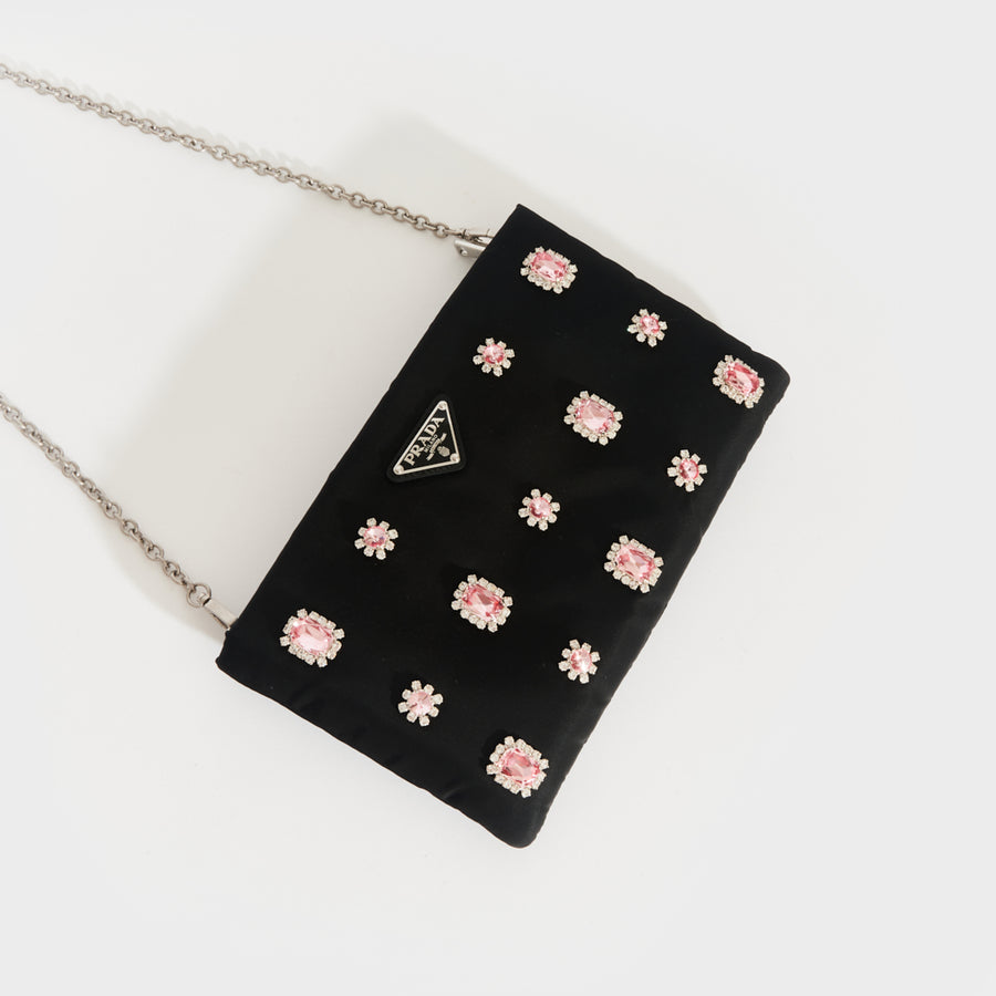 Catene Crystal Embellished Padded Nylon Clutch in Black [ReSale]