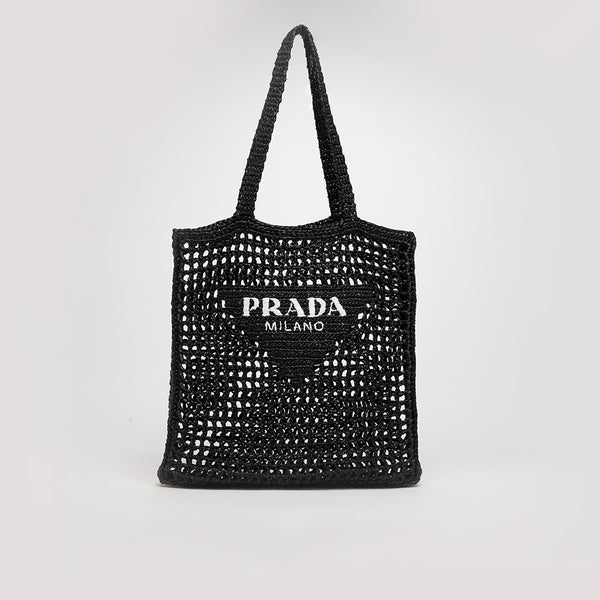 PRADA Logo Embroidered Crochet Tote Bag in Black | COCOON