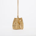 Crystal Embellished Woven Bucket Bag in Gold