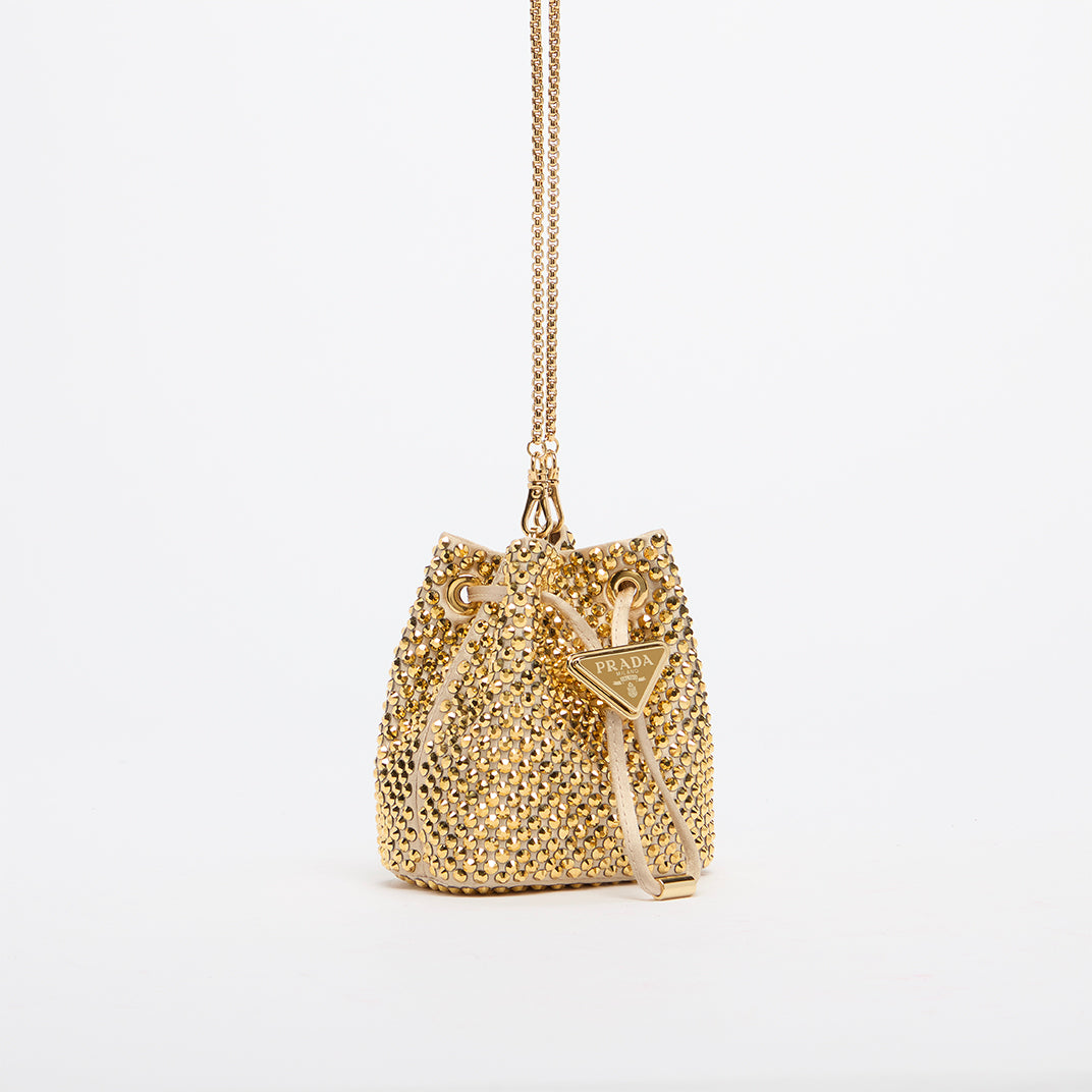 Crystal Embellished Woven Bucket Bag in Gold