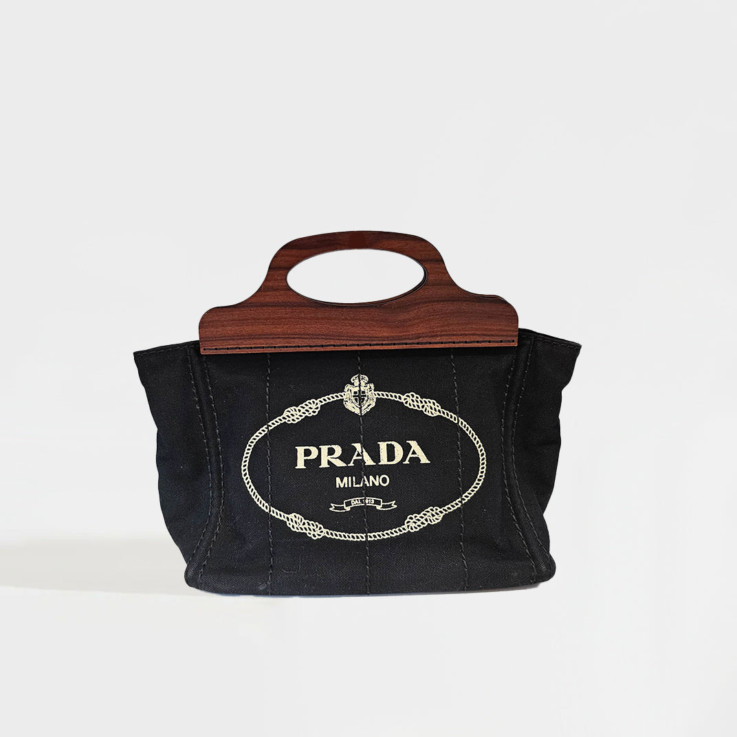 PRADA Logo Print Canvas Tote with Wooden Handle [ReSale]