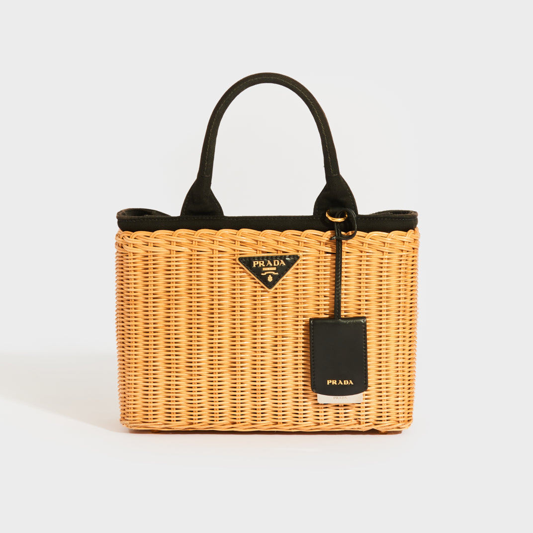 PRADA Wicker and Canvas Tote Bag