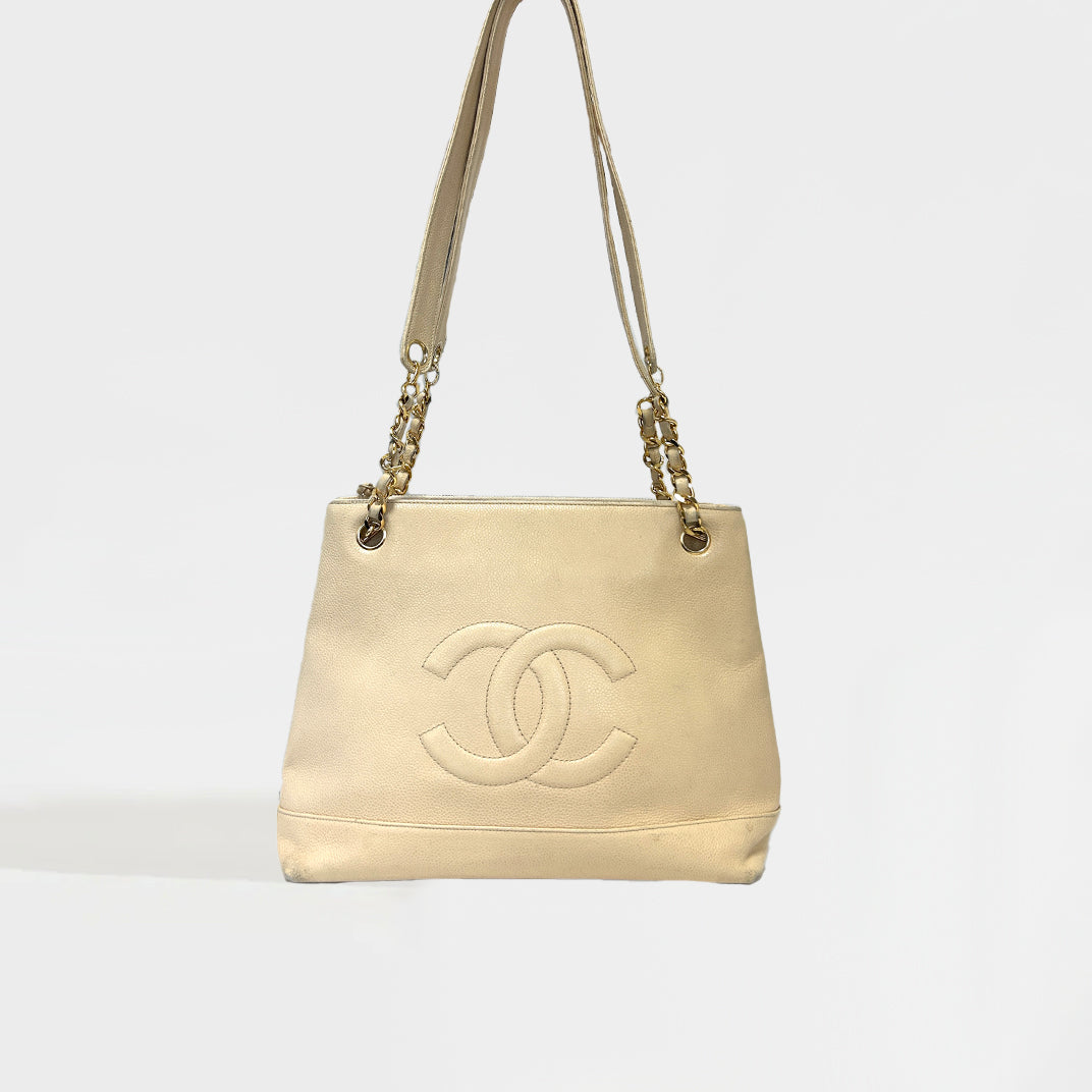 Caviarskin Coco Tote Bag with Chain Straps in Beige 1991-1994 [ReSale]