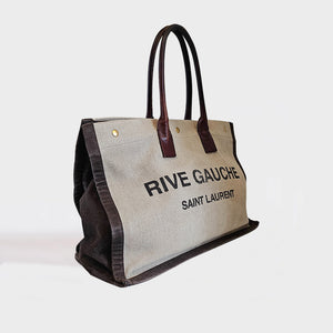 SAINT LAURENT Rive Gauche Leather-Trimmed Linen-Canvas Tote in Brown [ReSale]