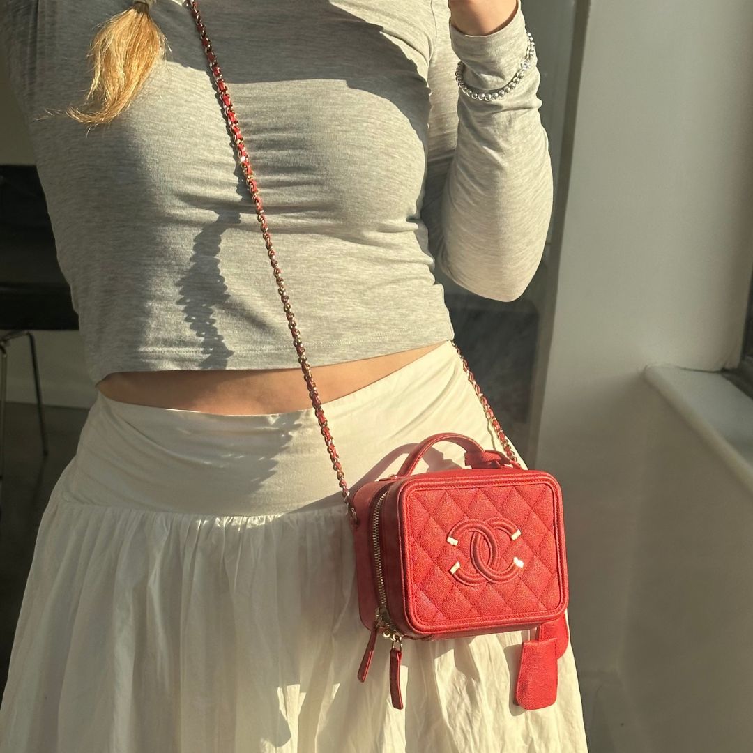 Small CC Filigree Vanity Case in Red Caviar Leather