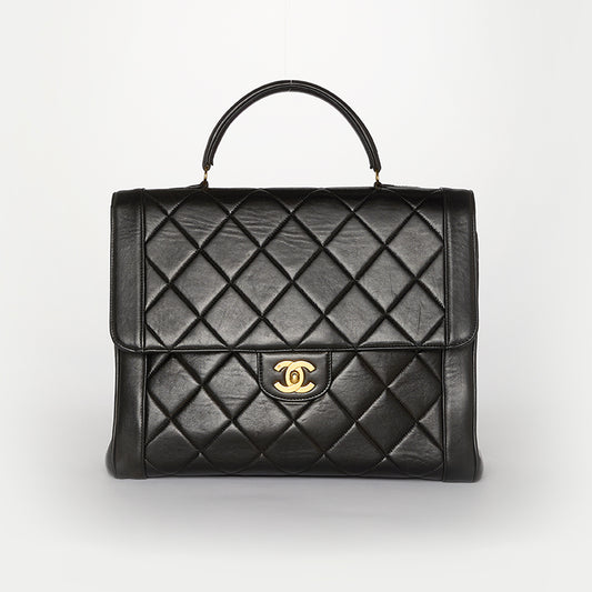 Vintage Classic Quilted Top Handle Bag in Black Lambskin