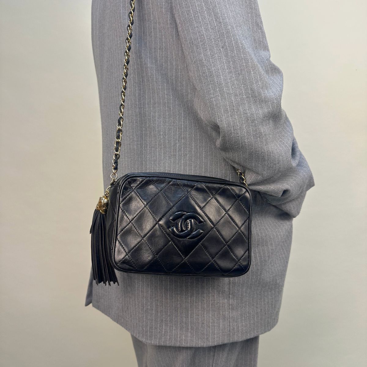 CC Quilted Lambskin Tassel Crossbody in Black 1990 - 1999