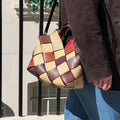 Woven Upcycled-Leather Basket Bag in Brown and Tan