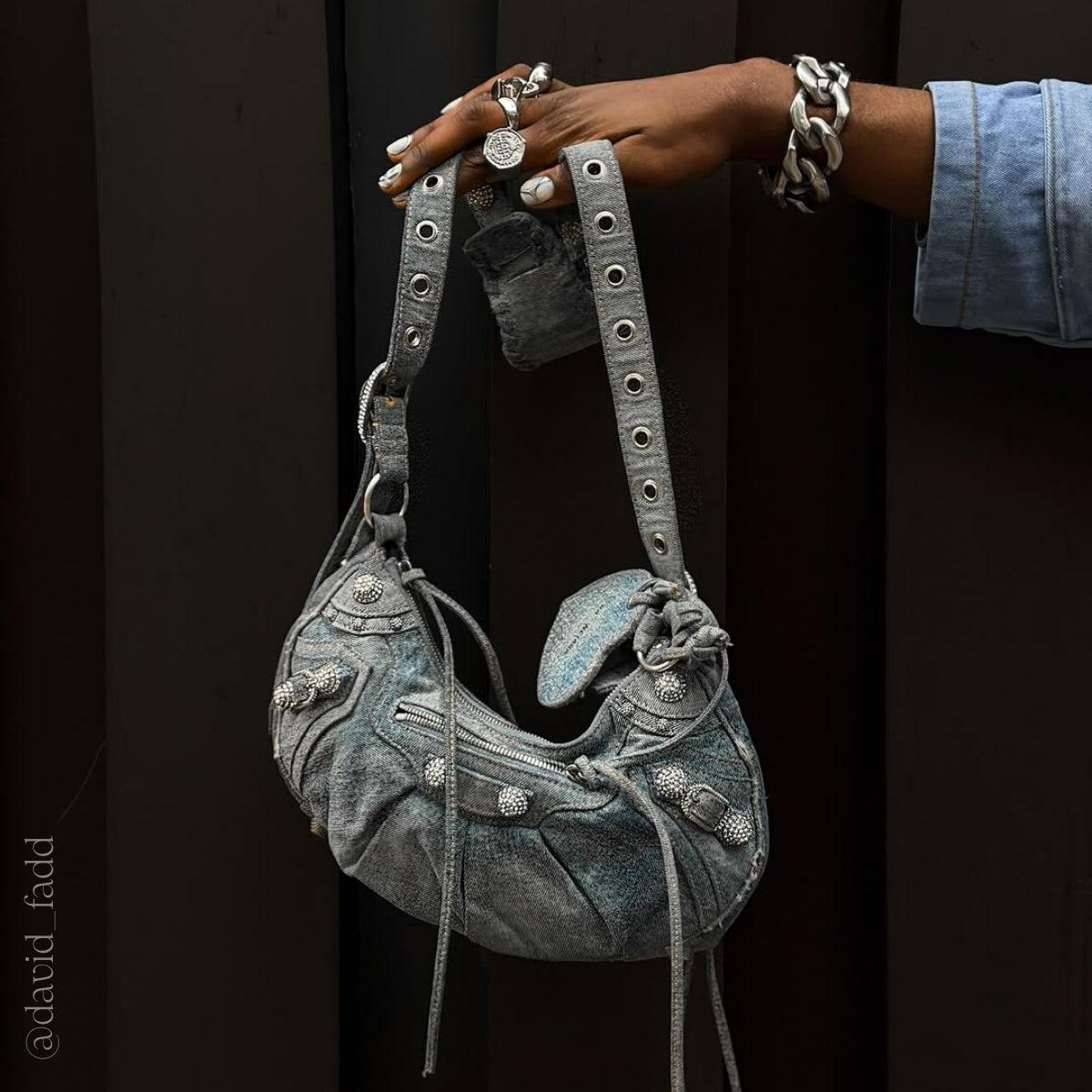 Le Cagole Denim Shoulder Bag with Crystal Stud Embellishment