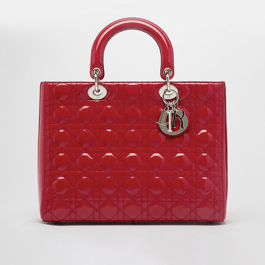 Large Lady Dior in Red Quilted Patent Leather