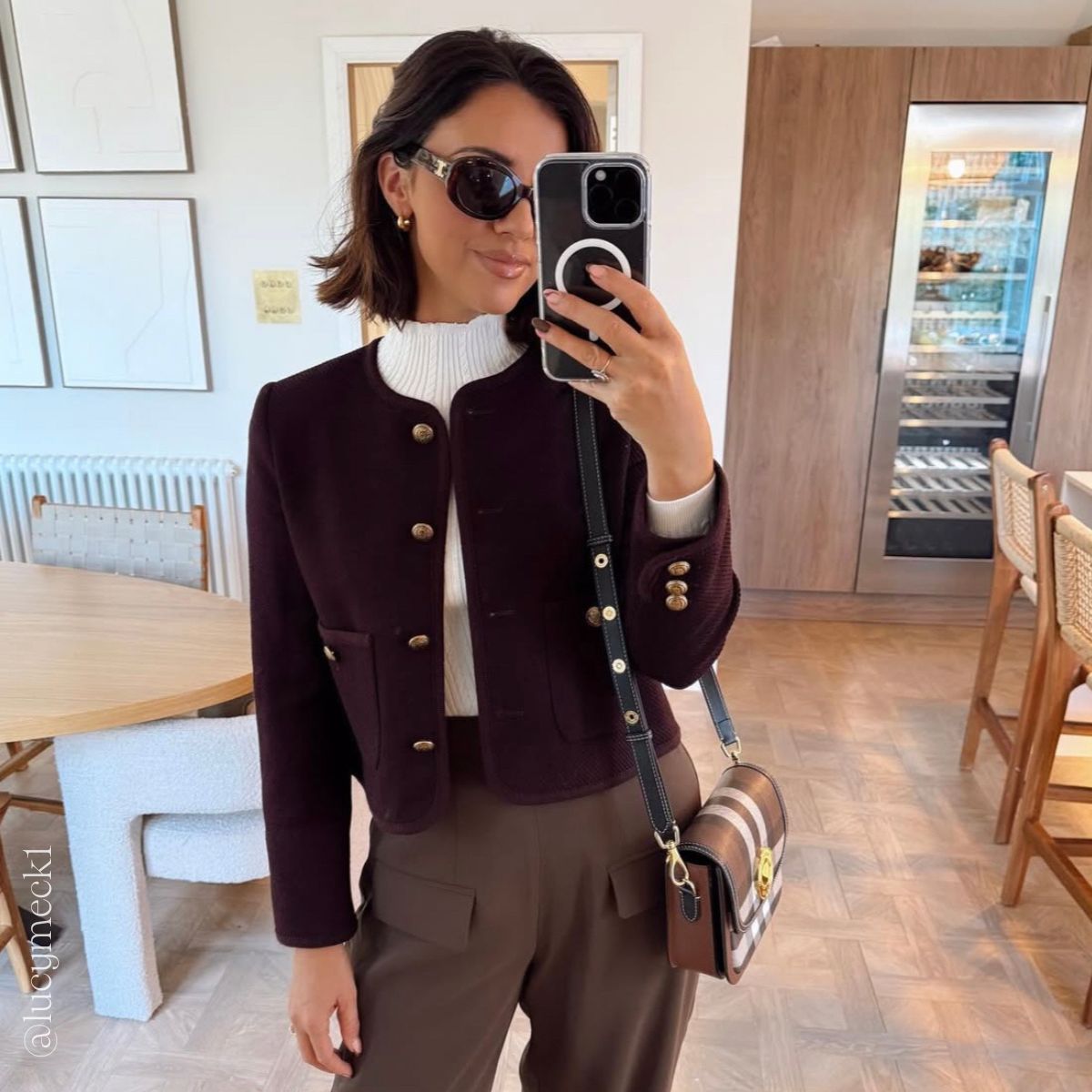 Check and Leather Small Elizabeth Bag in Dark Birch Brown