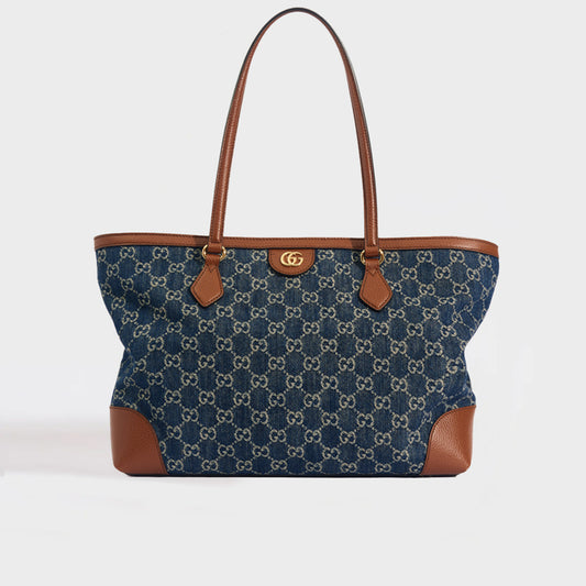Ophidia GG Medium Tote in Blue and Ivory Denim