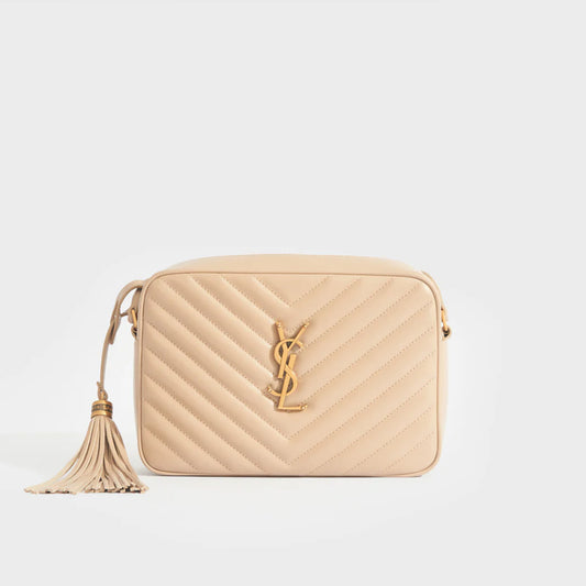 Lou Camera Bag in Beige Matelassé Leather with Gold Hardware