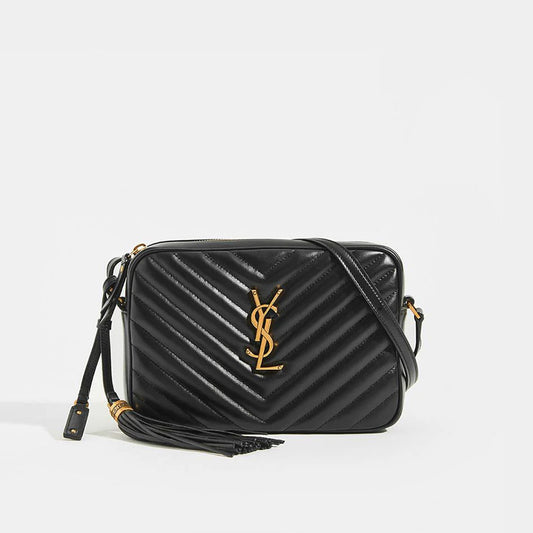 Lou Camera Bag in Black Matelassé Leather with Gold Hardware