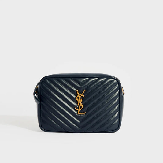 Lou Camera Bag in Navy Leather with Gold Hardware