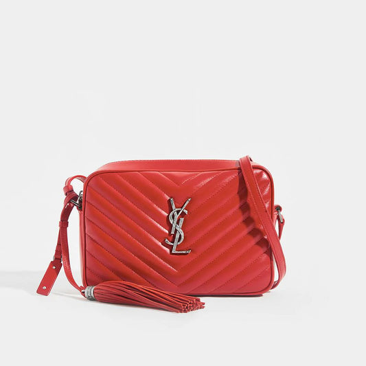 Lou Camera Bag in Red Matelassé Leather with Silver Hardware