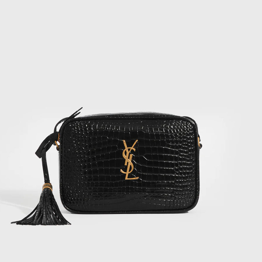 Lou Camera Bag in Black Croc-Embossed Leather with Gold Hardware