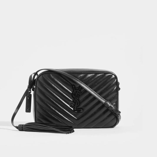 Lou Camera Bag in Black Matelassé Leather with Black Hardware