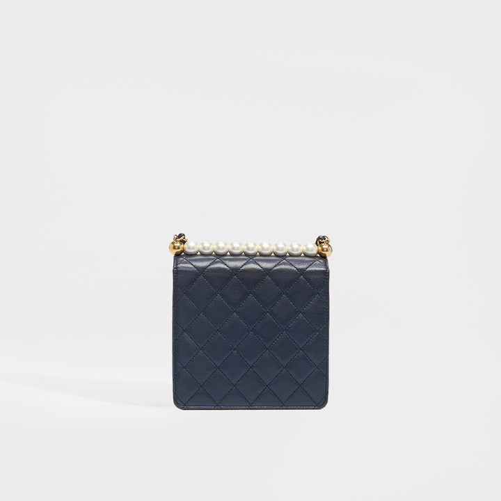 Small Chic Pearls Flap Bag in Navy Leather