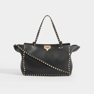 VALENTINO Medium Garavani Rockstud Tote in Black Textured Leather