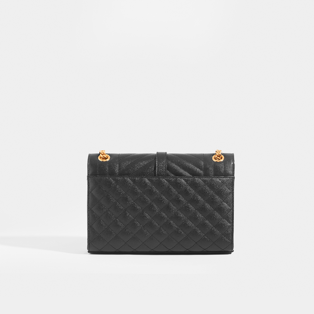 Medium Quilted Textured-Leather Envelope Shoulder Bag in Black with Gold Hardware