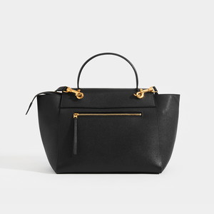 Rear of CELINE Mini Belt Bag Grained Leather in Black with top handle and back zipped back pocket
