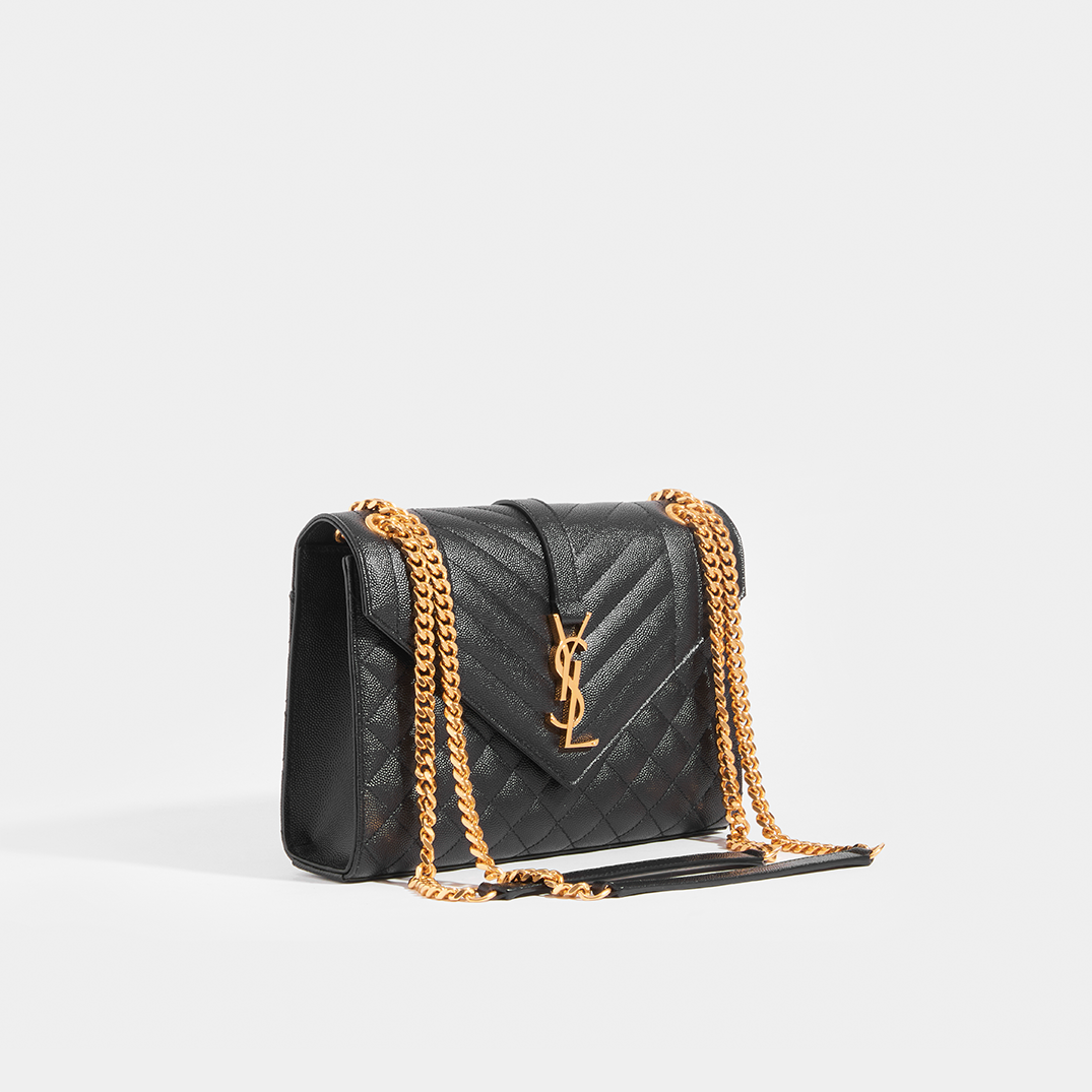 Medium Quilted Textured-Leather Envelope Shoulder Bag in Black with Gold Hardware